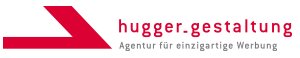 Das Logo von hugger gestaltung mit dem roten Pfeil als Markenzeichen